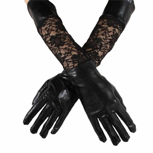 Dámské černé krajkové a kožené rukavice, dlouhé 45 cm